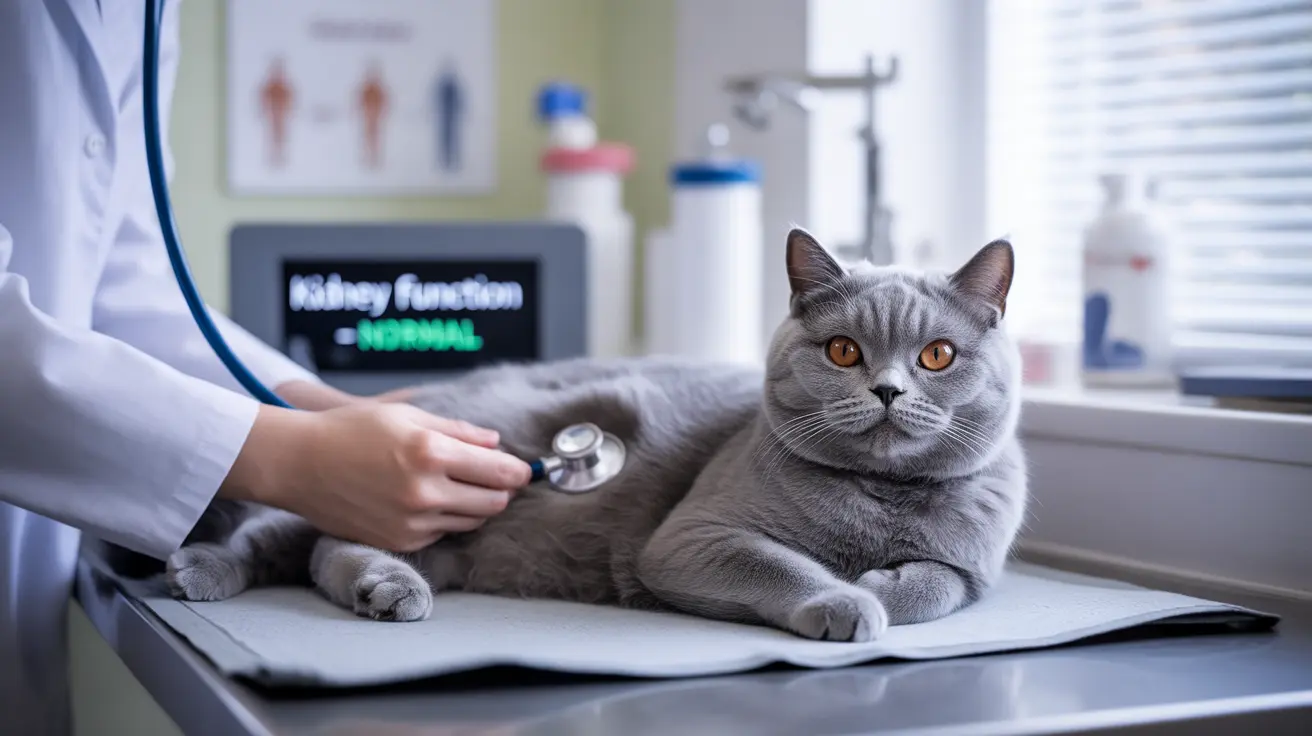 A gray British Shorthair cat being examined by a veterinarian with a stethoscope