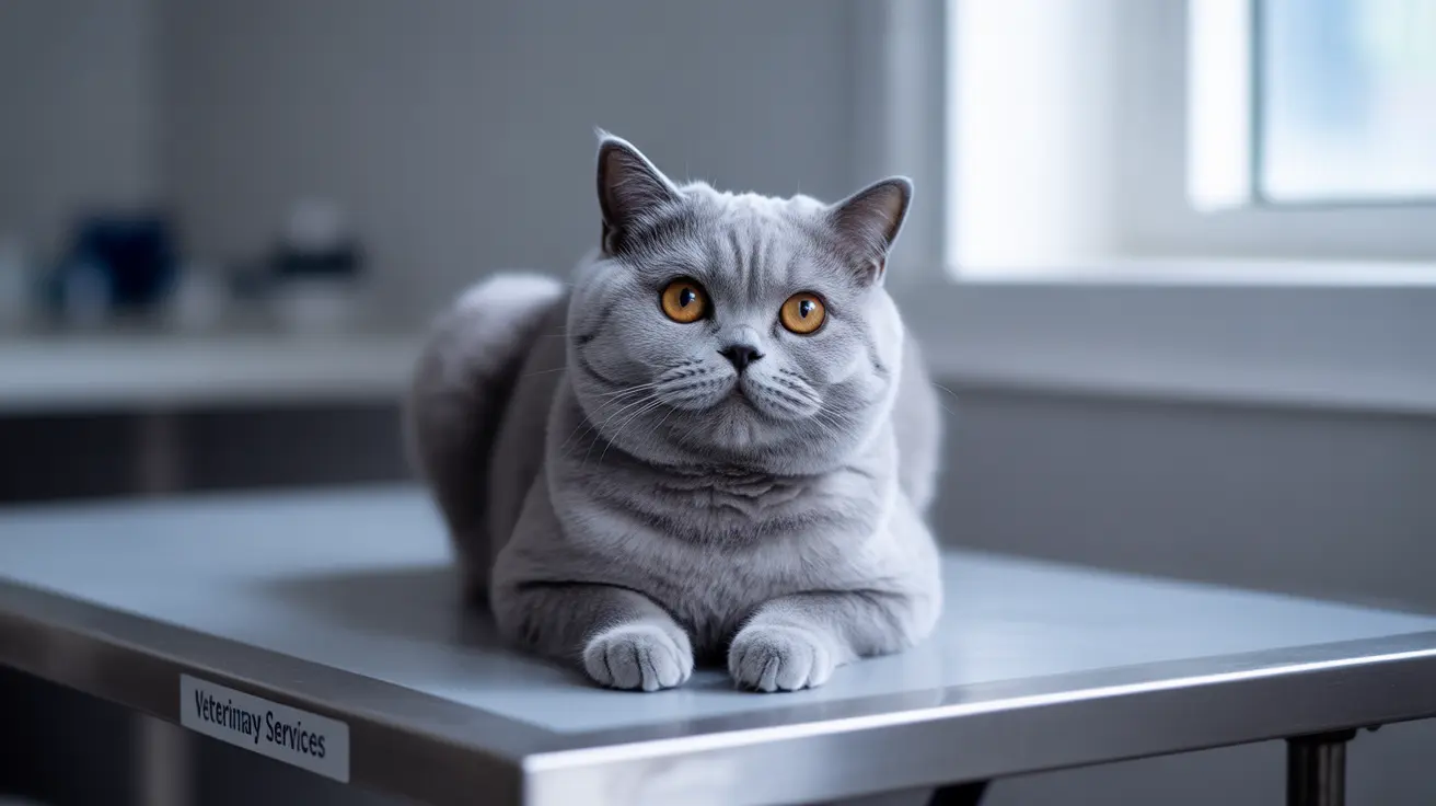 Un gato British Shorthair de color gris plateado está sentado de forma alerta sobre una mesa de acero inoxidable en una clínica veterinaria.