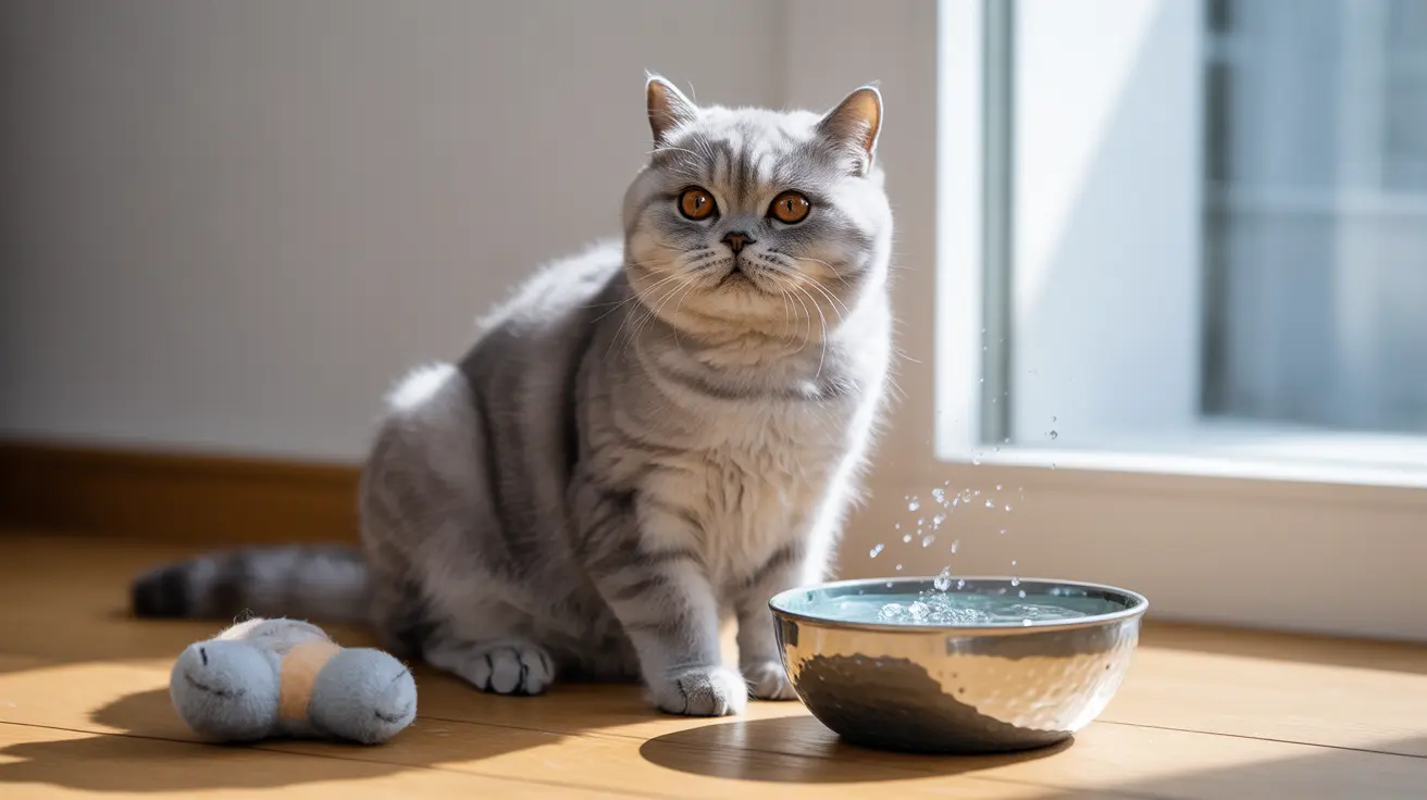 A silver tabby British Shorthair cat sitting next to a water bowl with splashing water droplets