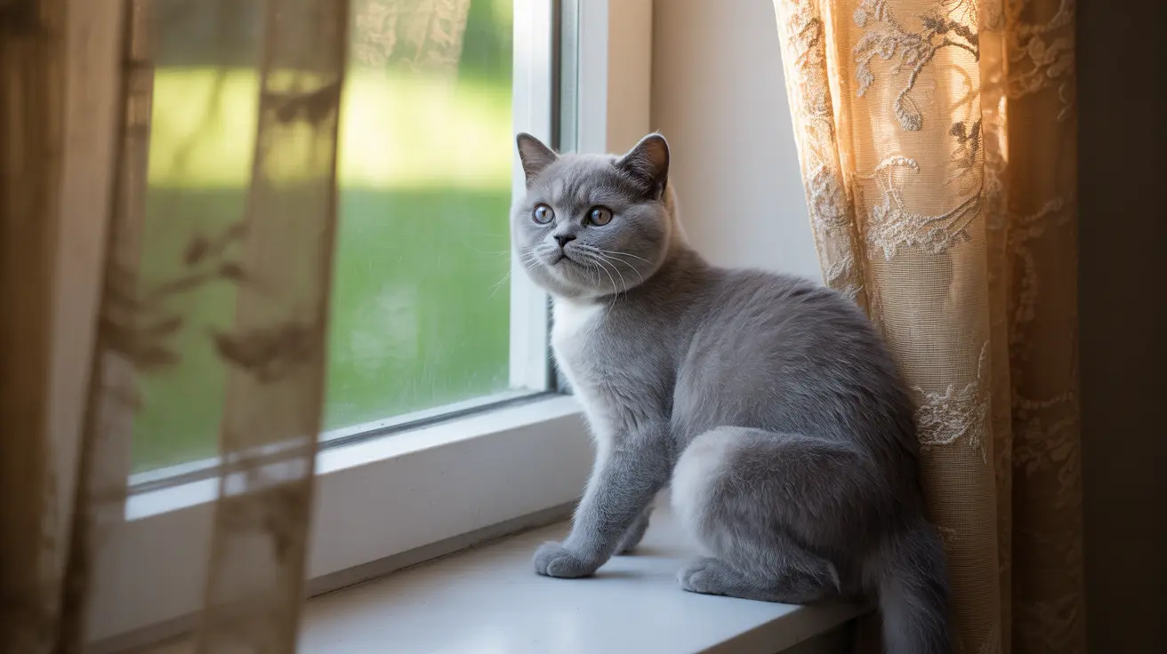 A gray British Shorthair cat sitting on a windowsill, looking thoughtfully out the window