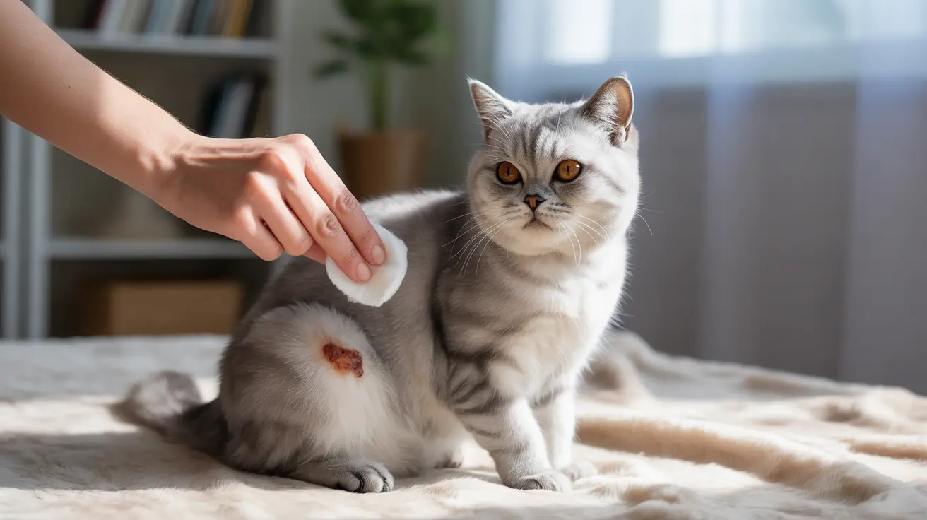 Un gato British Shorthair blanco y gris está recibiendo tratamiento médico por una herida en la piel de su cuerpo.