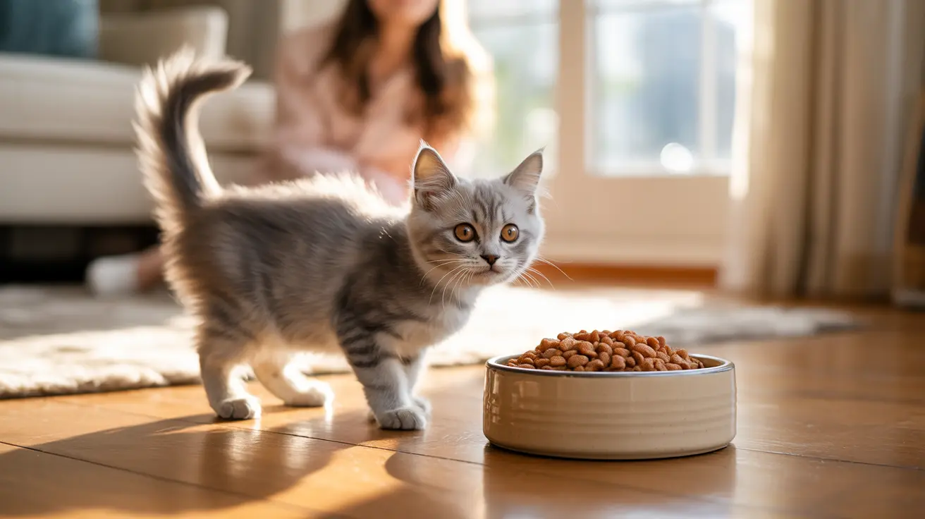 A young gray and white British Shorthair kitten standing near a full food bowl in a bright, sunlit room