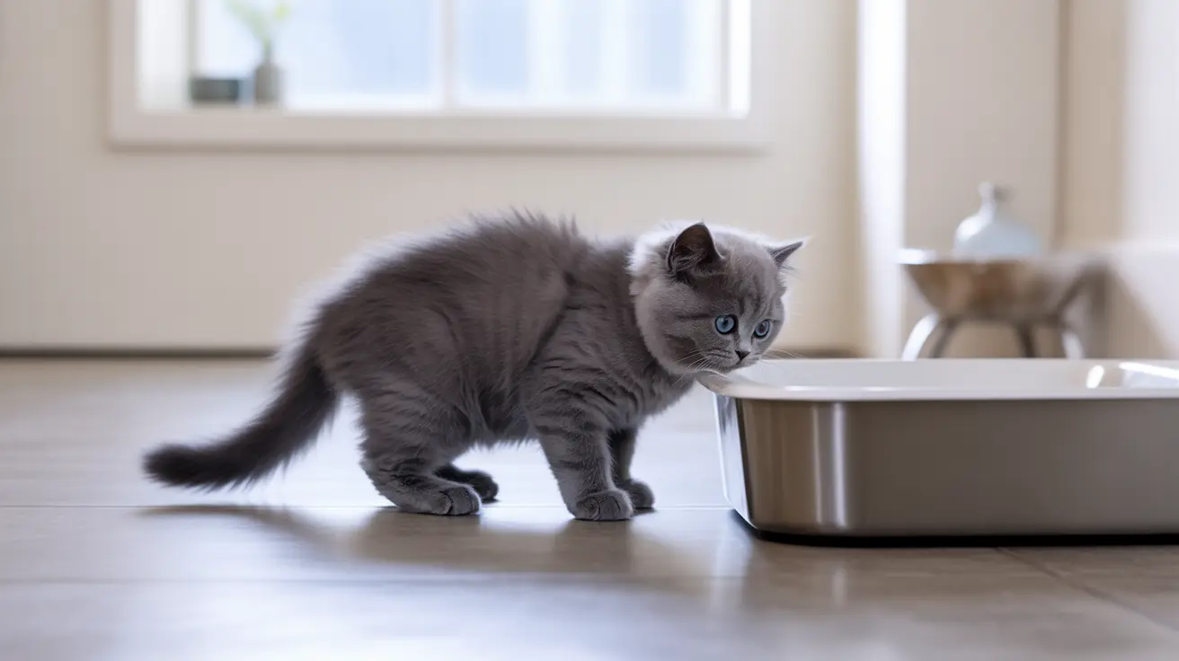 A fluffy gray British Shorthair kitten standing near a litter box in a bright, minimalist interior.