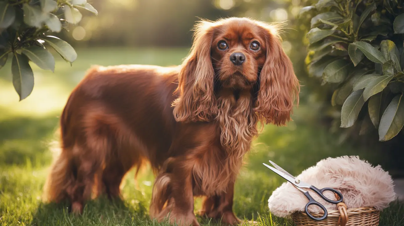 Cavalier King Charles Spaniel de pelagem avermelhada e marrom em pé na grama, com tesouras de tosa e um objeto peludo próximo.