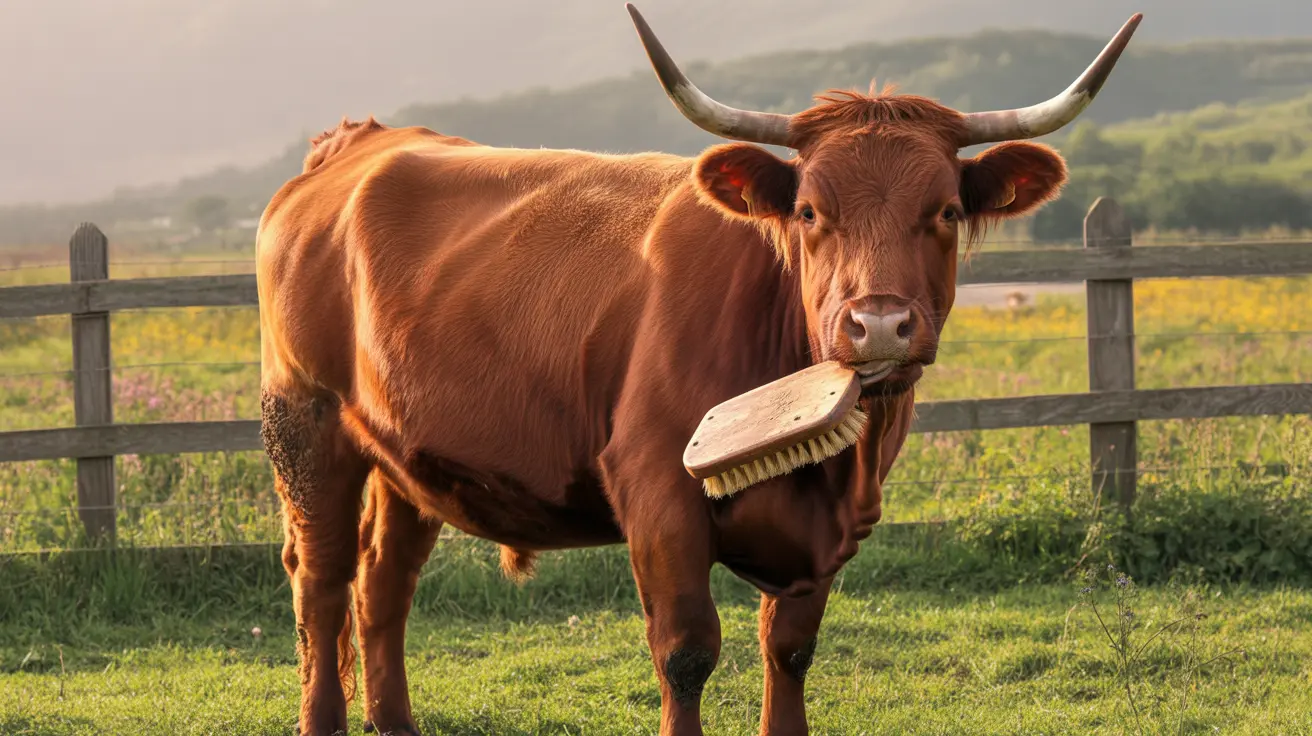 Uma vaca marrom com chifres segurando uma escova de higiene na boca, parada em um campo gramado próximo a uma cerca de madeira.