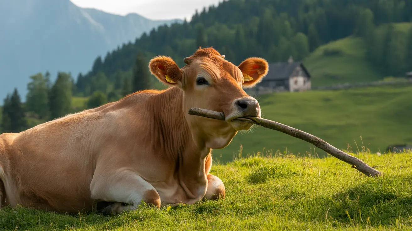 Une vache brune et blanche allongée dans une prairie alpine verte avec un bâton en bois dans la bouche