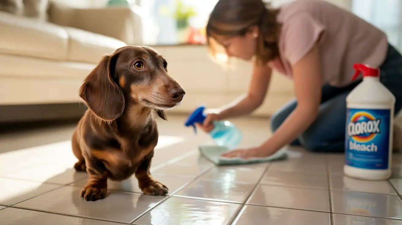 A brown dachshund sitting attentively on a tiled floor while someone cleans nearby with cleaning supplies