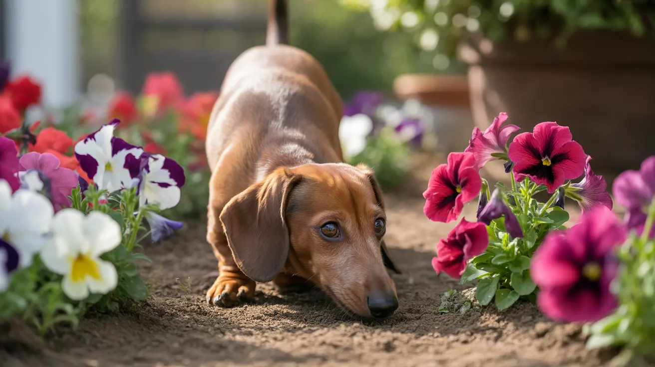Brown Dachshund sniffing near colorful flowers in a garden