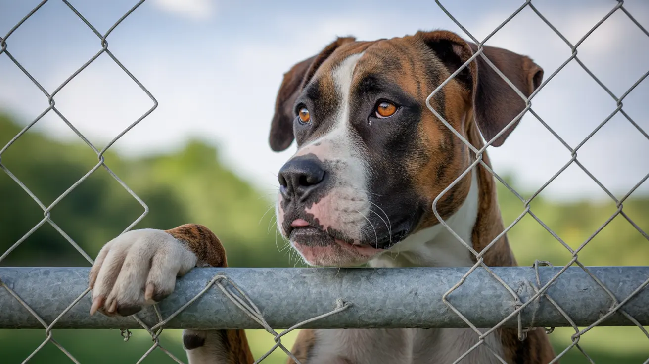 茶色と白の模様があるミックス犬が、片手をフェンスの手すりに置きながらチェーンリンクフェンス越しに見ている様子