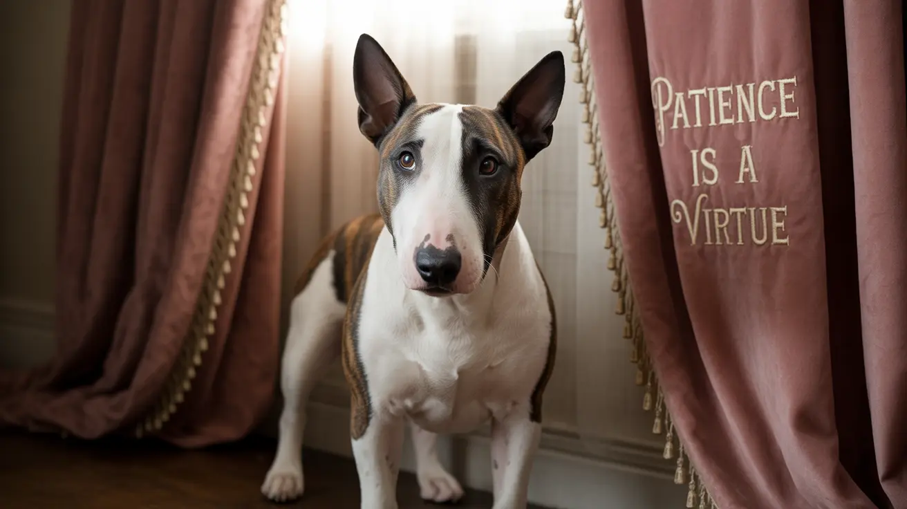 A Bull Terrier standing between elegant curtains with 'Patience is a Virtue' text visible