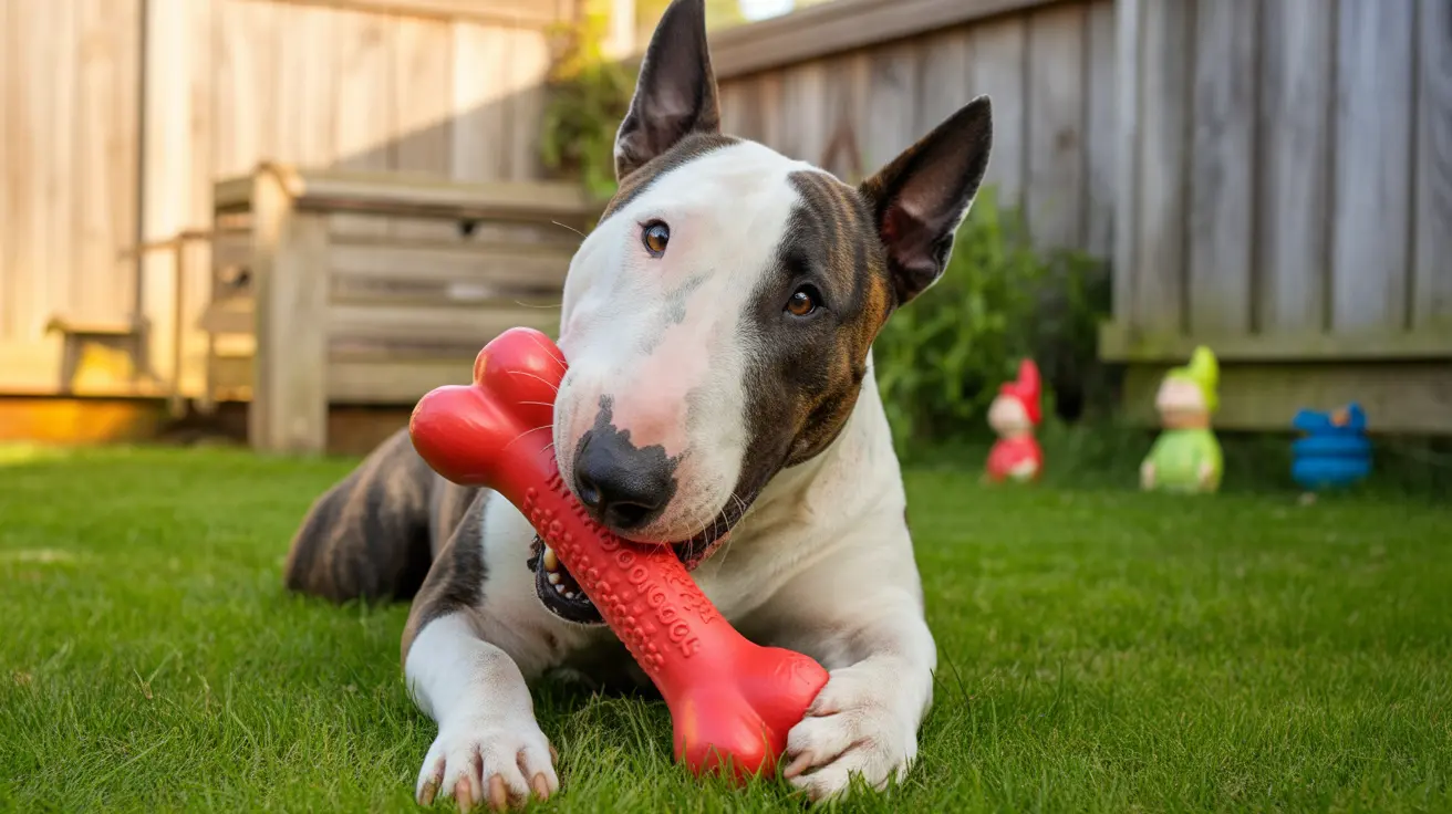 A Bull Terrier lying on a green lawn, holding a red bone-shaped chew toy in its mouth