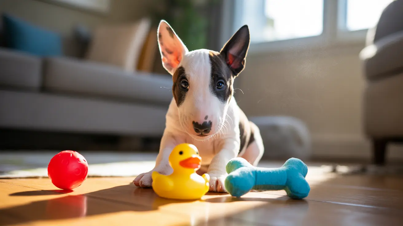 A young Bull Terrier puppy sitting on a wooden floor with colorful toys around it.