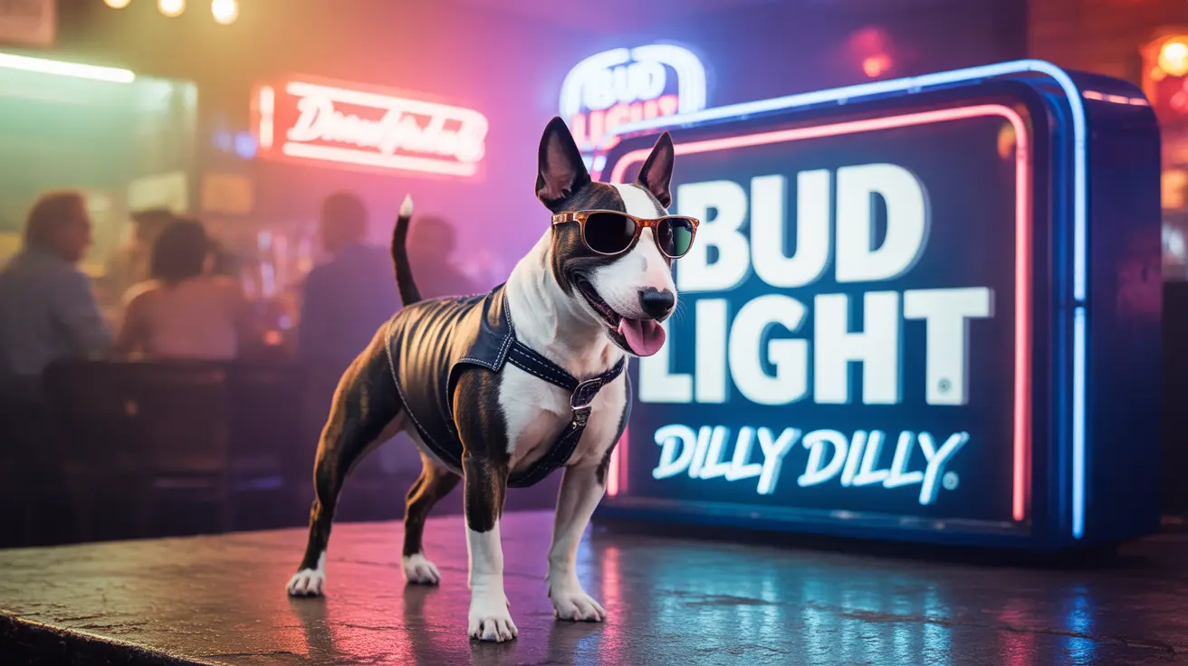 Un bull terrier a la moda con gafas de sol, de pie frente a un letrero de neón 'Dilly Dilly' de Bud Light en un bar o club