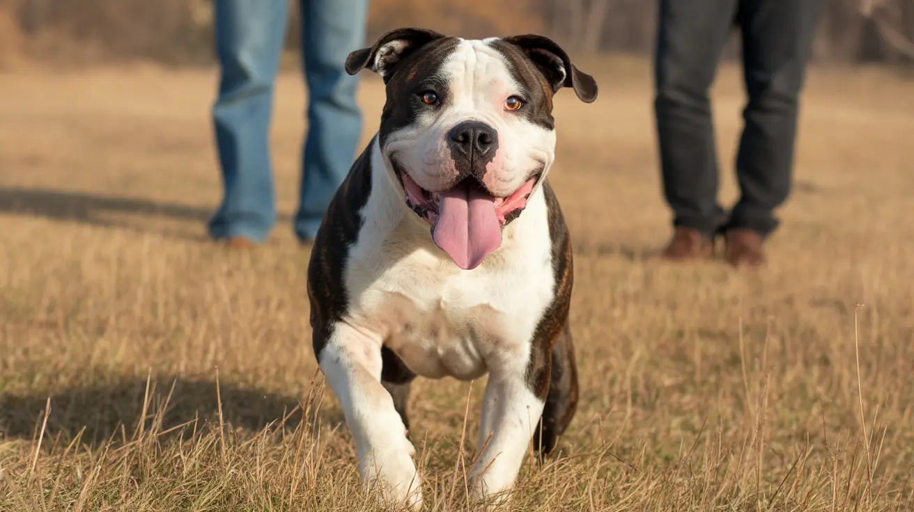 Un chien de type pit bull noir et blanc courant vers la caméra avec la langue tirée dans un champ d'herbe