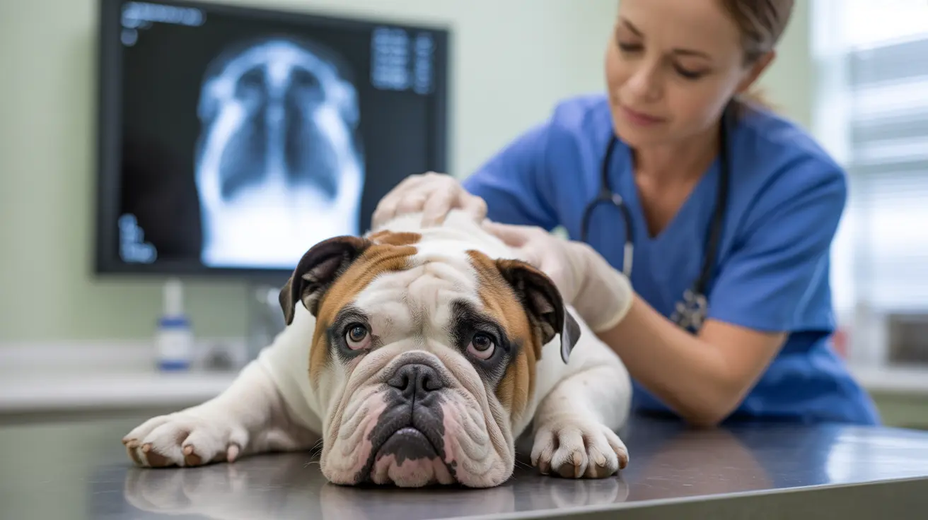 An English Bulldog receiving a medical examination by a veterinarian with an X-ray scan visible in the background