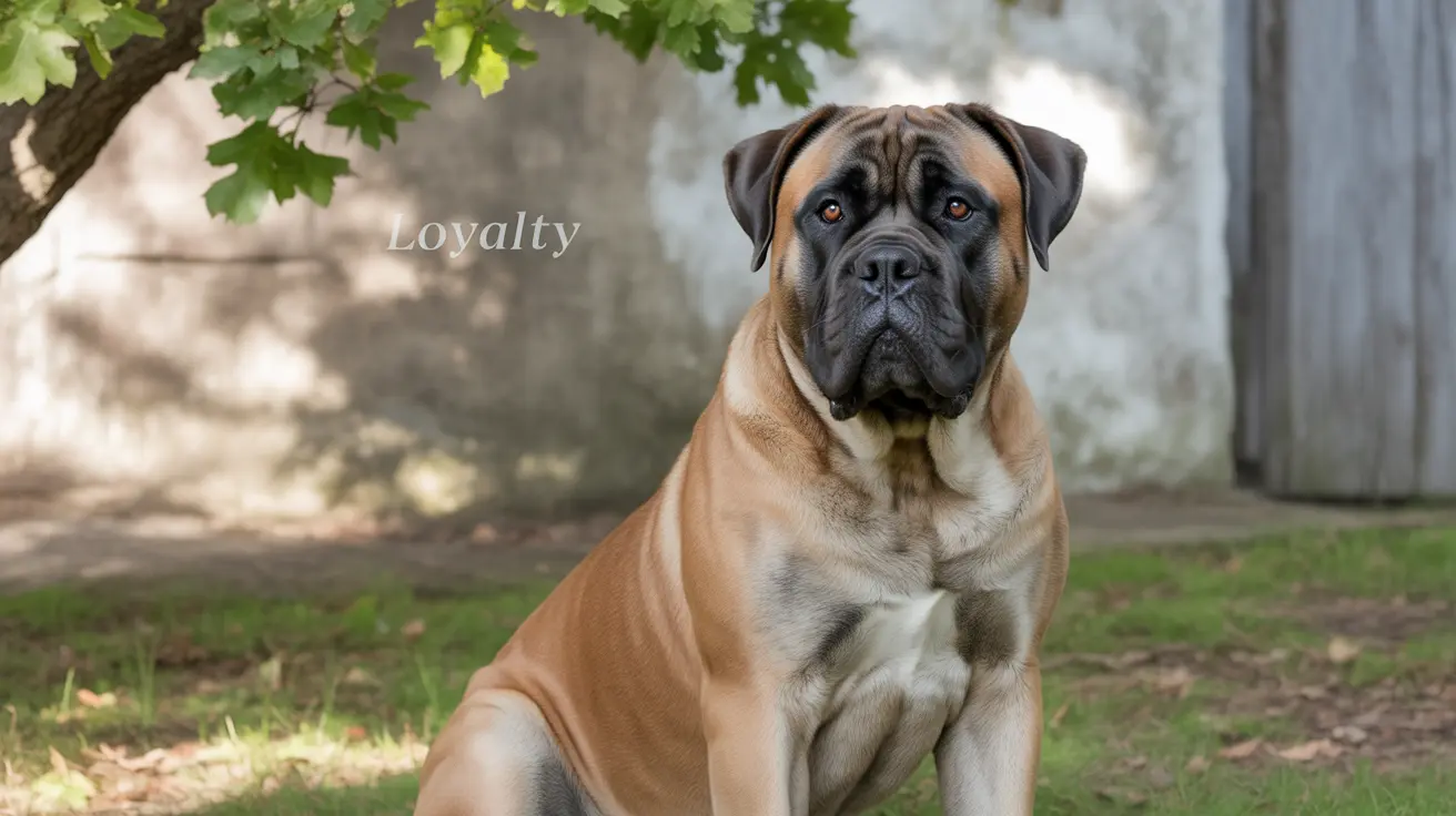 A majestic Bullmastiff sitting attentively in a garden setting with 'Loyalty' text overlay