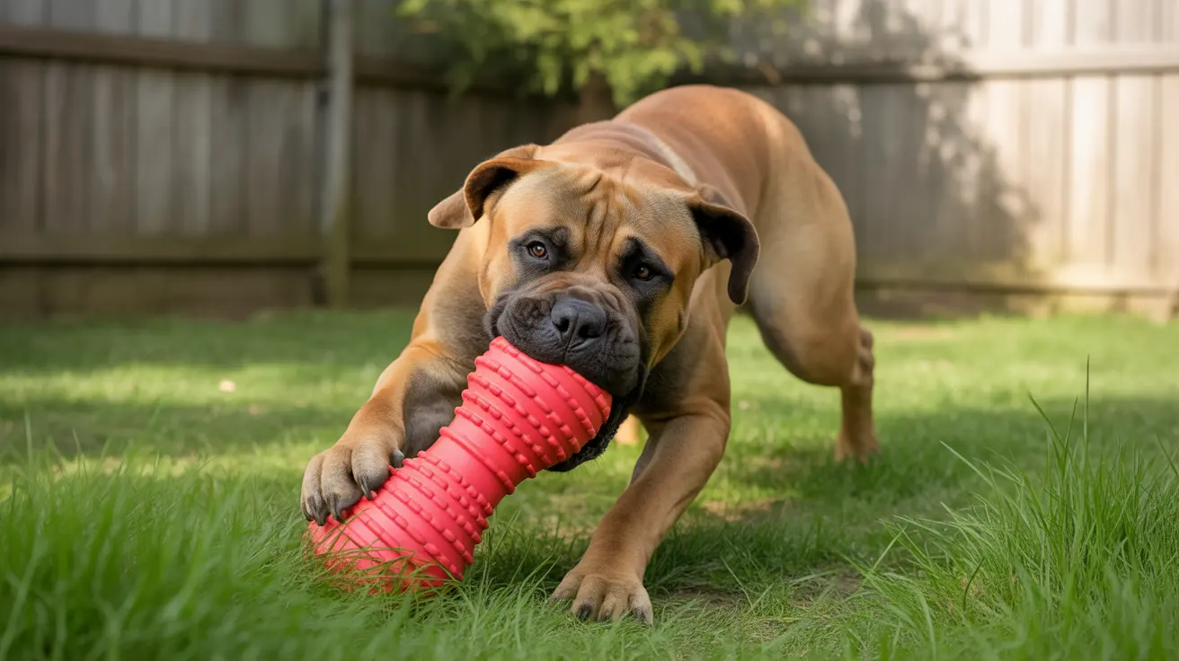 A muscular Bullmastiff playing with a bright red textured chew toy in a backyard setting