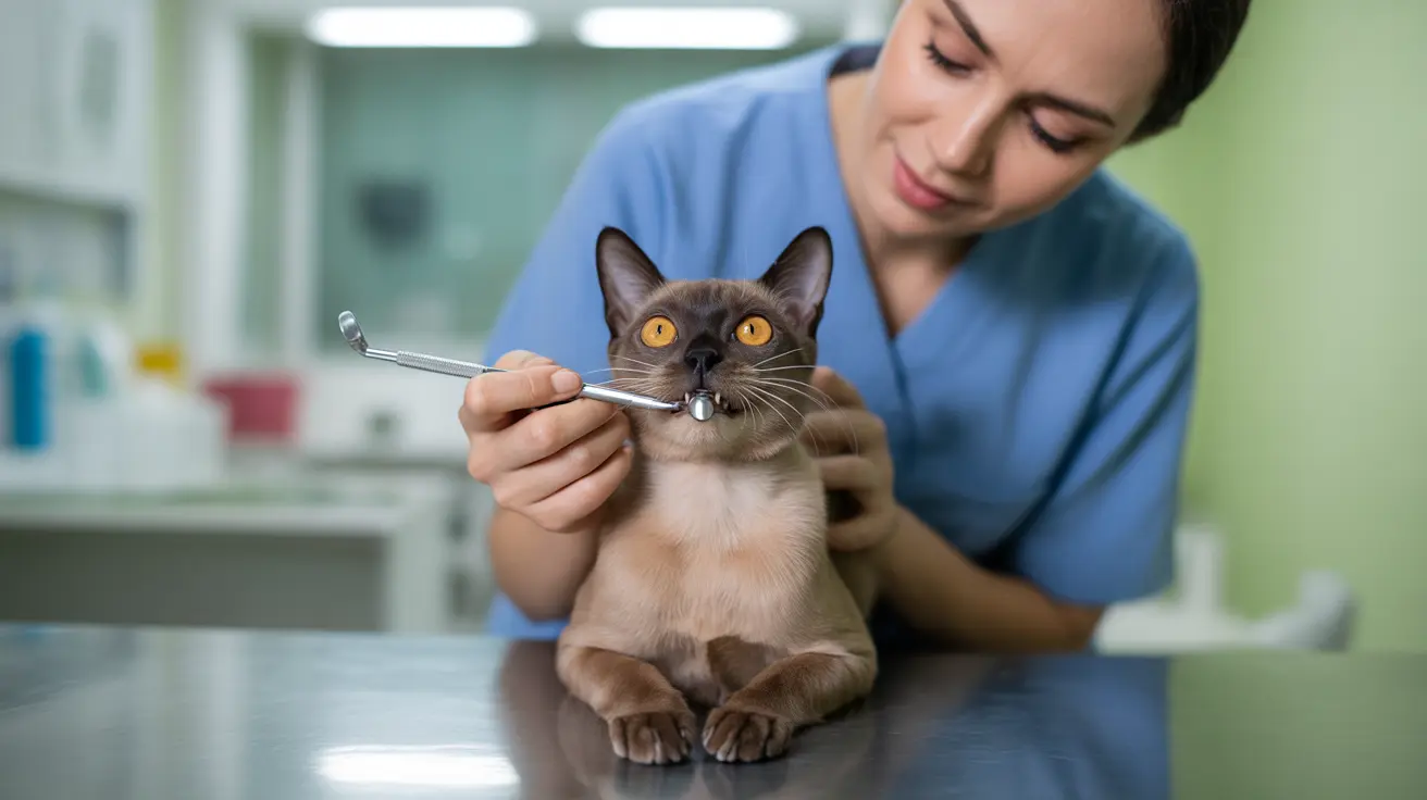 A Burmese cat receiving a veterinary examination with a dental instrument