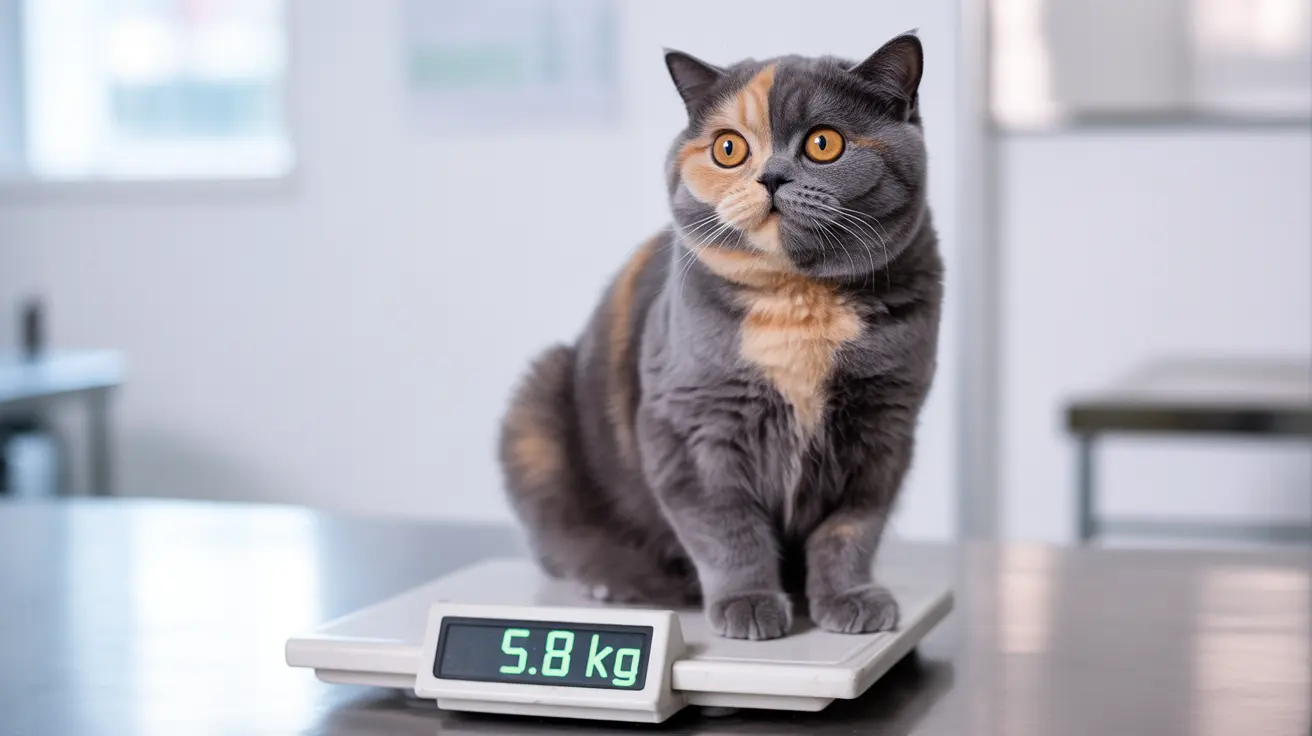 三毛模様のブリティッシュショートヘアの猫がデジタル体重計に座り、5.8kgと表示されている様子