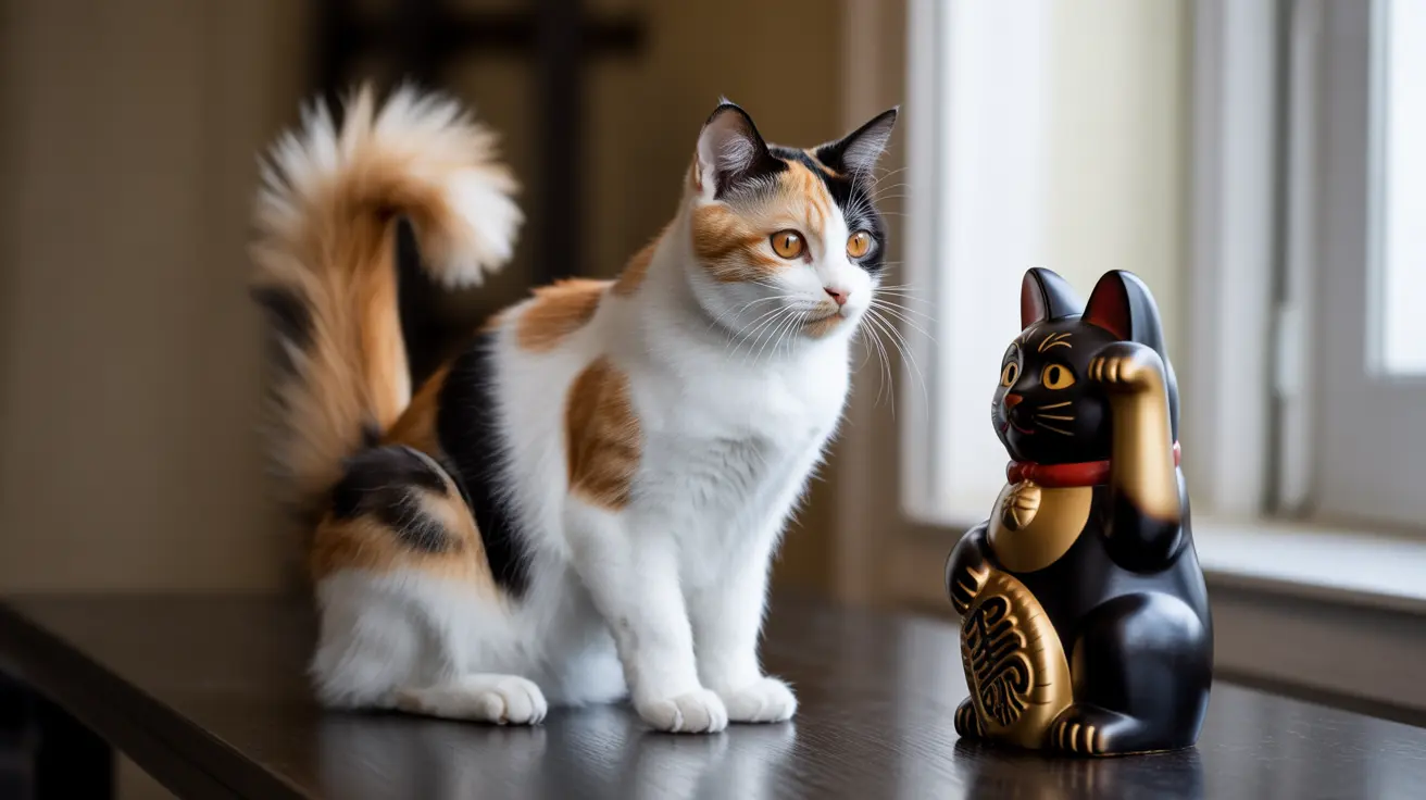 A calico cat sitting alertly on a wooden surface next to a Maneki-neko figurine