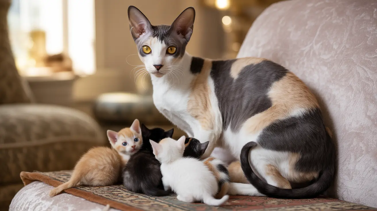 Una gata calico adulta sentada con tres gatitos en un cojín o silla con un diseño