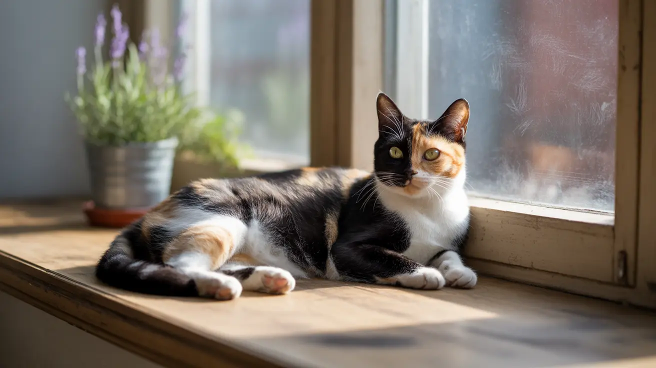 A calico cat lounging peacefully on a wooden windowsill in soft natural light
