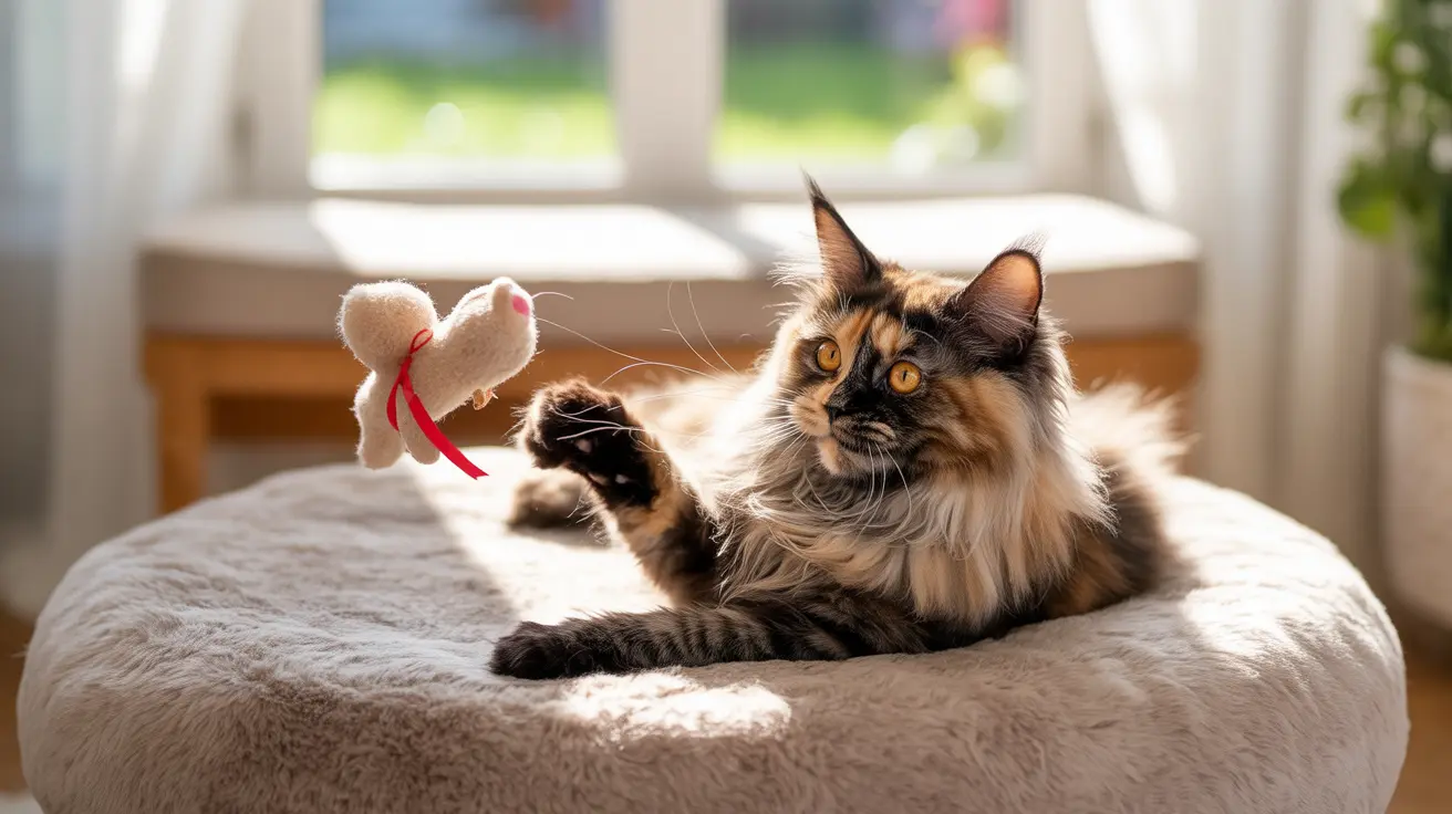 Fluffy calico Maine Coon cat playing with a small felt toy near a sunlit window
