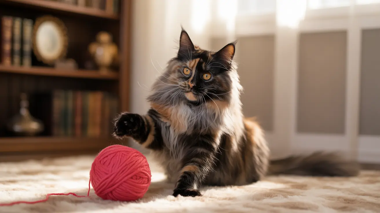 A calico Maine Coon cat playing with a bright red ball of yarn on a soft rug
