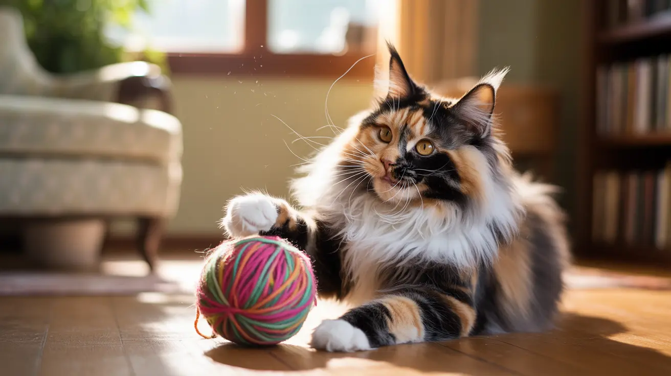 A calico Maine Coon cat sitting next to a colorful yarn ball on a wooden floor