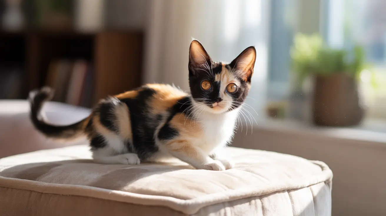 Calico cat on white cushion near a window with soft light
