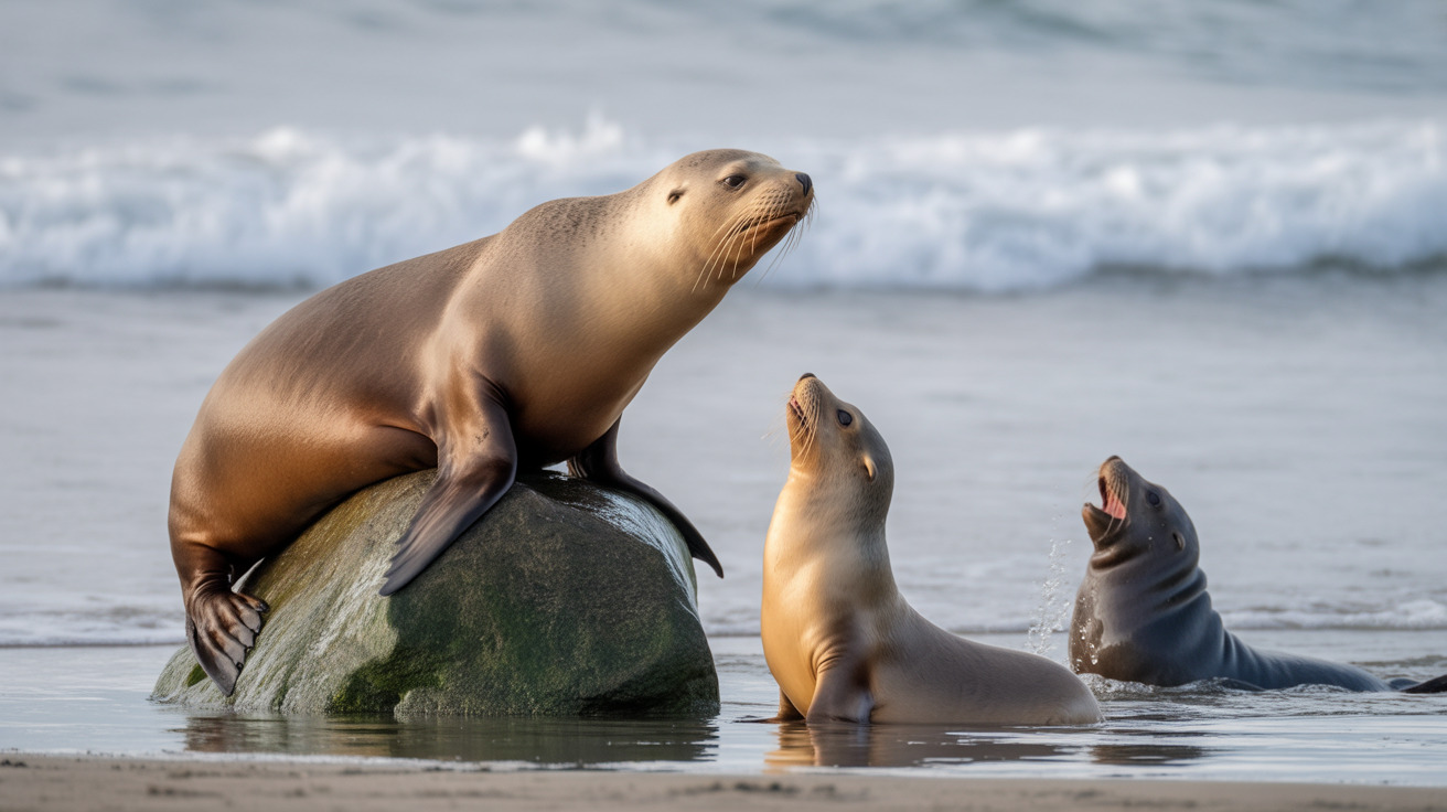 California sea lion on rocky Pacific coast showing natural habitat
