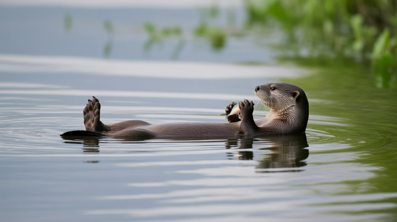 Una nutria marina flotando de espaldas en agua tranquila mientras sostiene y come algo con sus patas