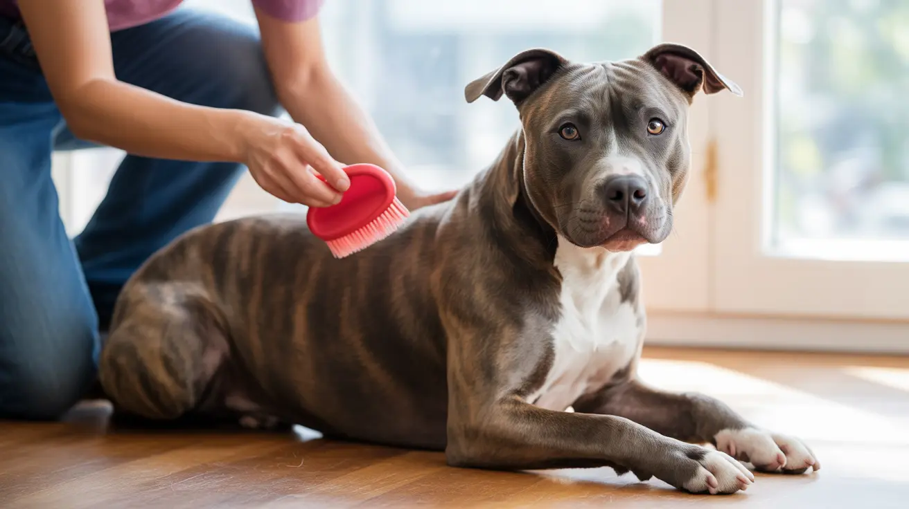 A calm Pit Bull being groomed with a red brush near a bright window