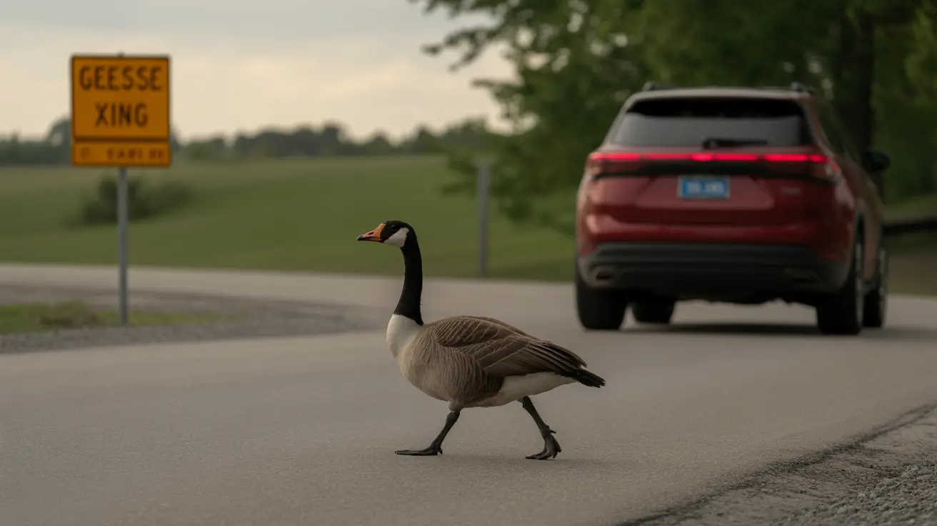 Flock of geese crossing a road near a lake at sunset