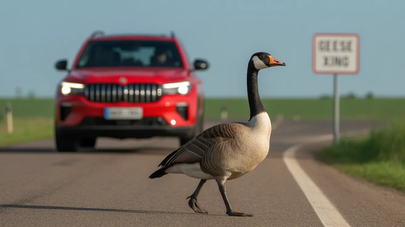 Flock of geese crossing a road near a lake at sunset