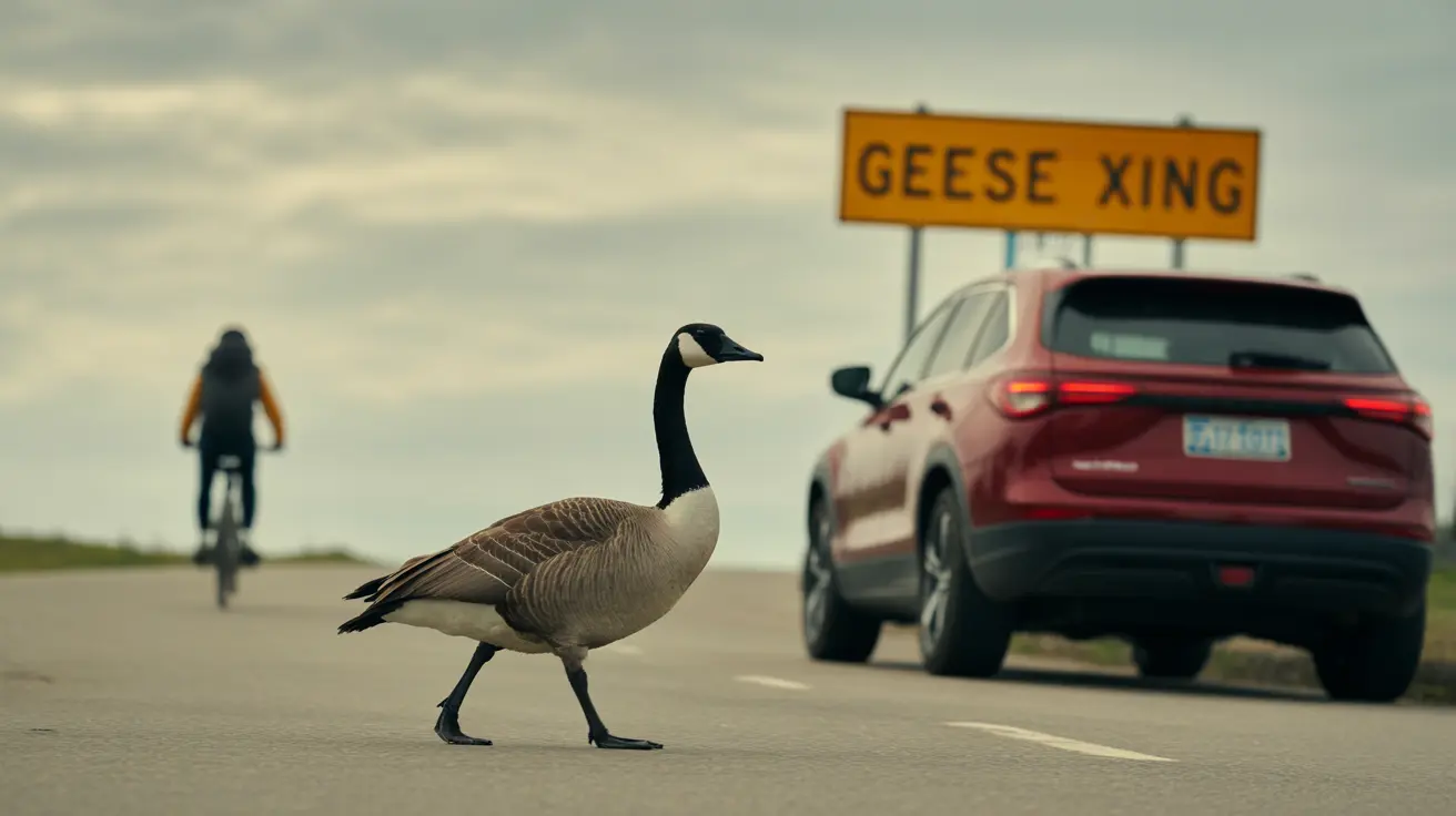 Flock of geese crossing a road near a lake