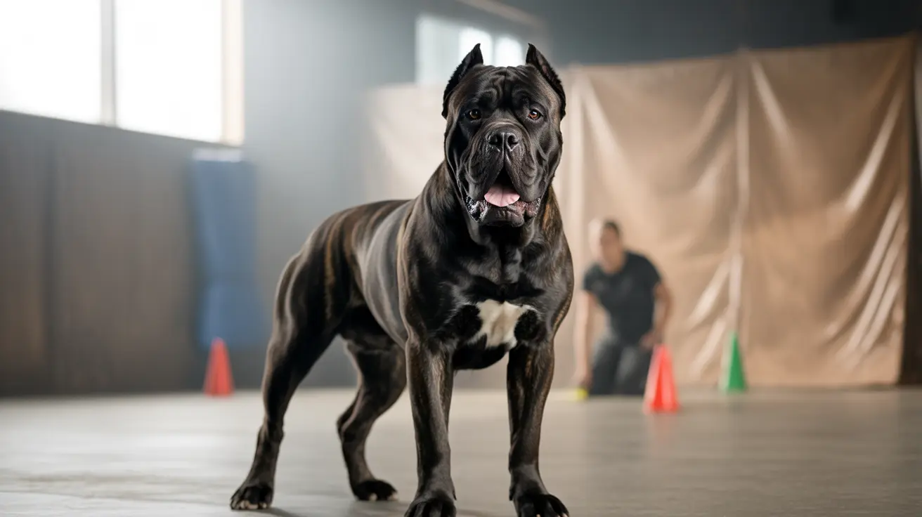 Un poderoso y musculoso Cane Corso negro de pie, alerta en un espacio cerrado de entrenamiento