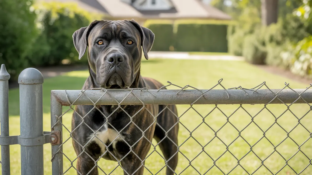 Four large Cane Corso dogs in a fenced yard representing large breed containment