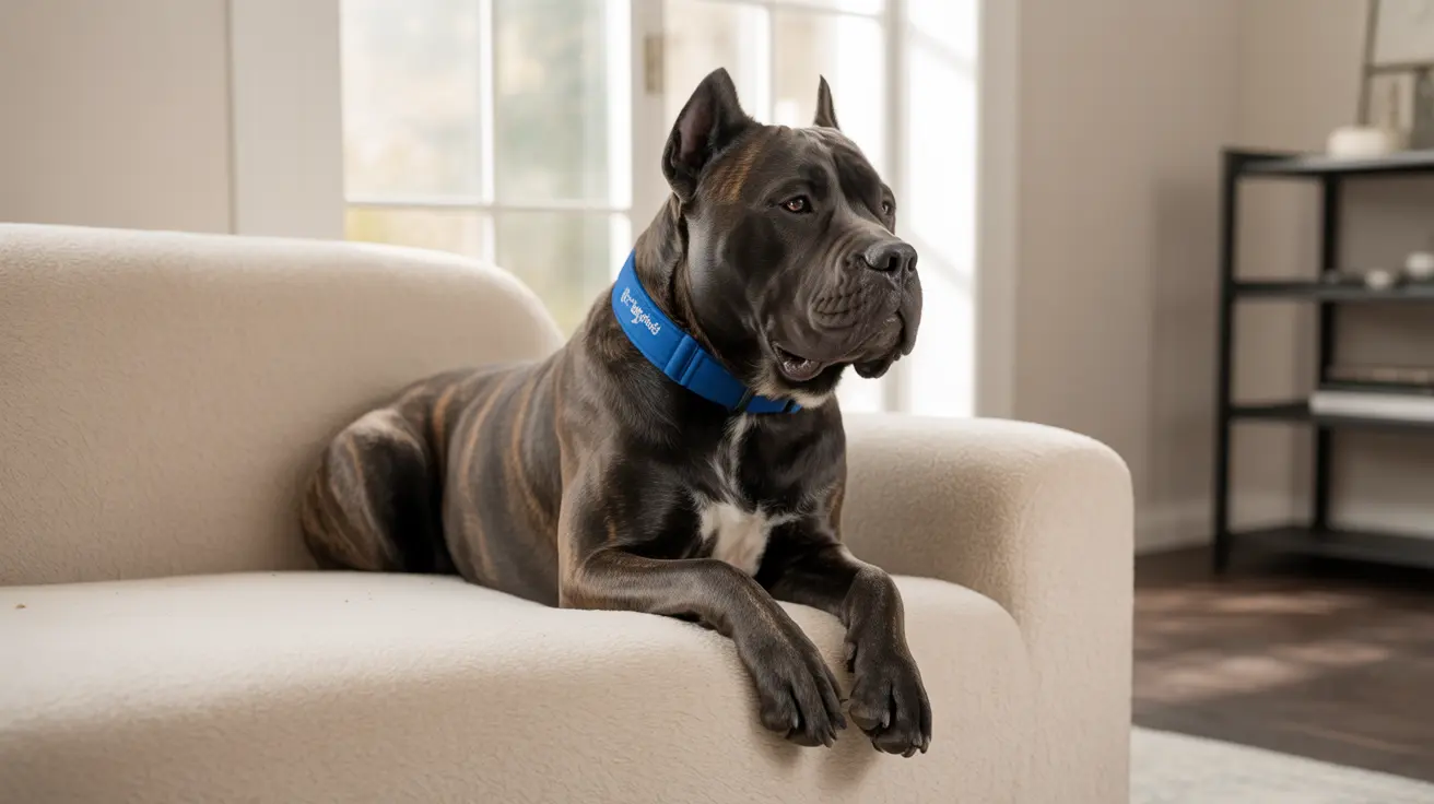 A majestic Cane Corso resting comfortably on a light-colored armchair, wearing a blue collar.