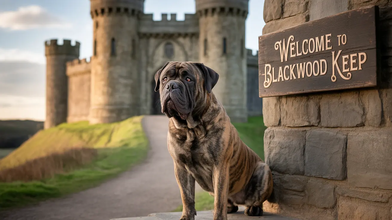 A majestic Cane Corso sitting regally beside a Welcome to Blackwood Keep sign with a medieval stone castle in the background