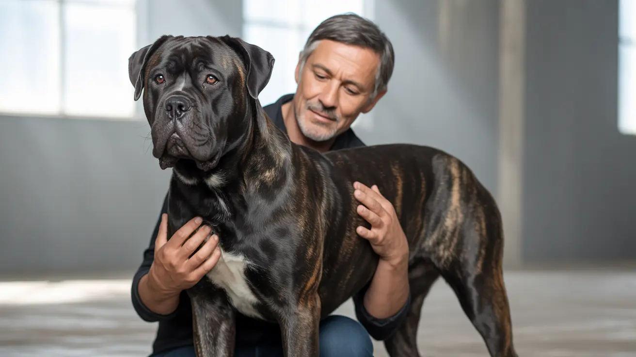 A large, muscular Cane Corso standing close to a caring companion in a bright, minimalist indoor setting