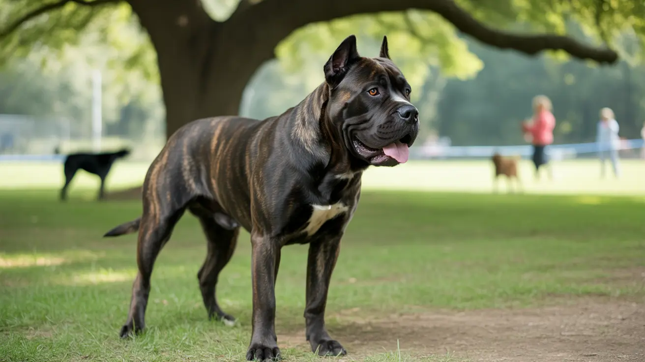 Powerful Cane Corso standing confidently in a sunlit park with blurred dogs and people in the background