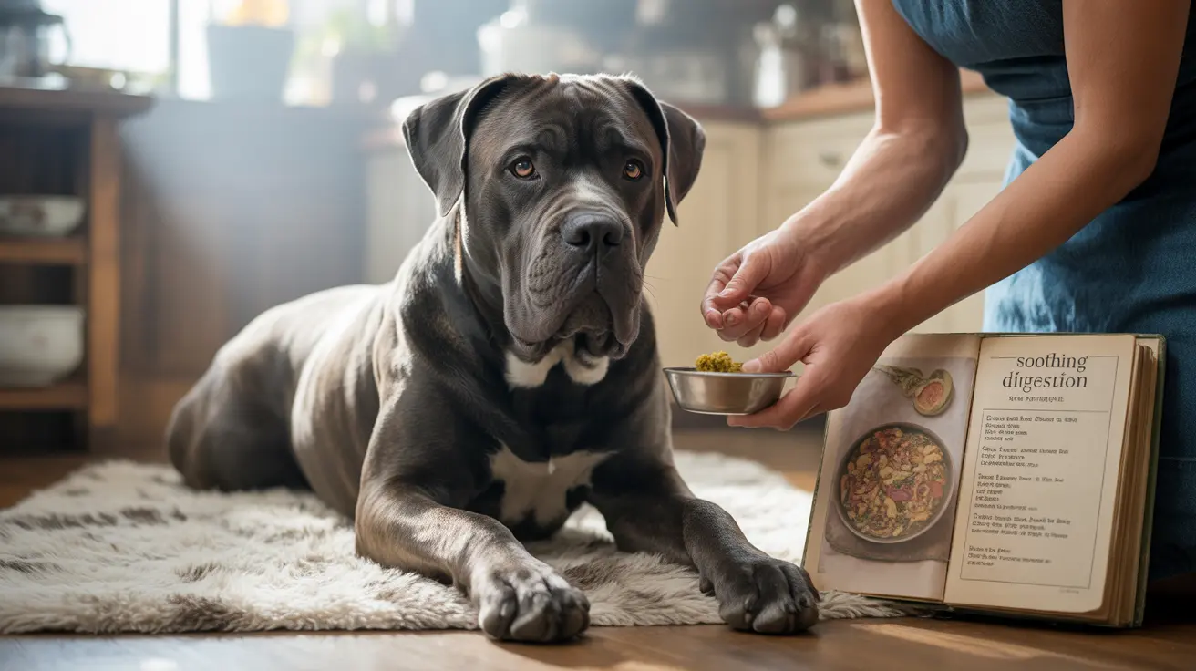 Large gray Cane Corso dog lying on a fur rug being served a meal with a cookbook about soothing digestion nearby