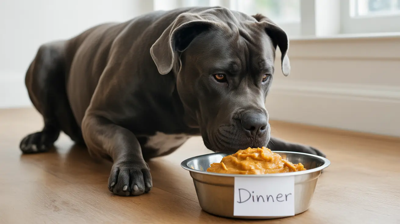 A large black Cane Corso dog sitting next to a metal food bowl filled with orange-colored food labeled 'Dinner'