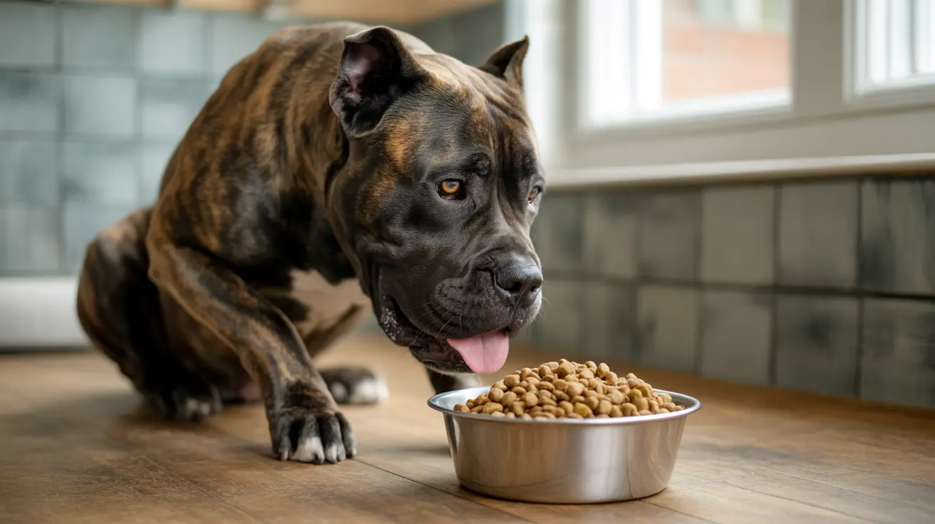A muscular Cane Corso sitting attentively next to a full bowl of dry dog food
