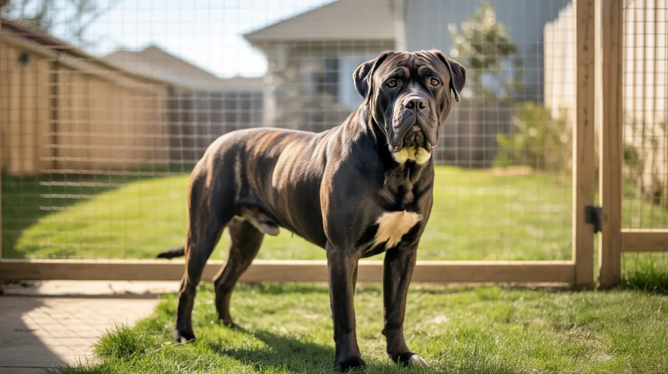 Large Cane Corso dog standing alert in a secure fenced yard