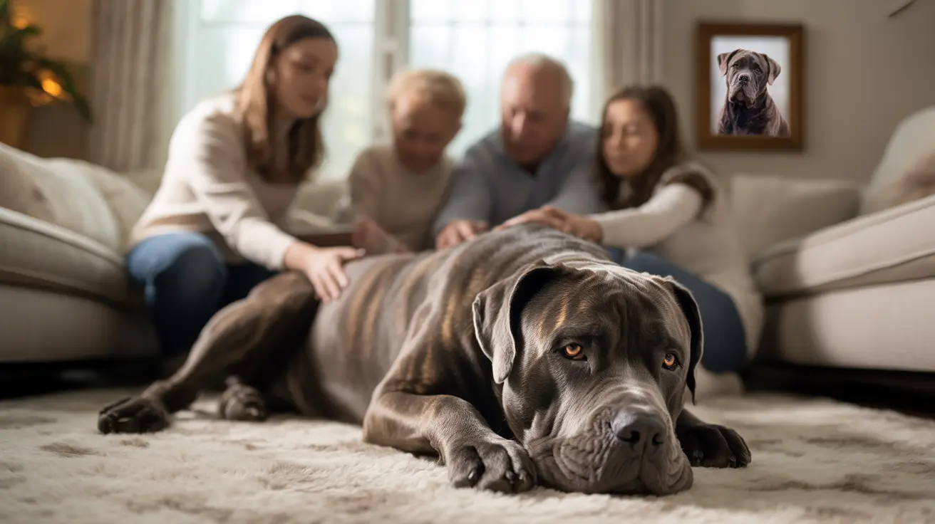 A large Cane Corso dog lying on a soft carpet with a family gathered on sofas