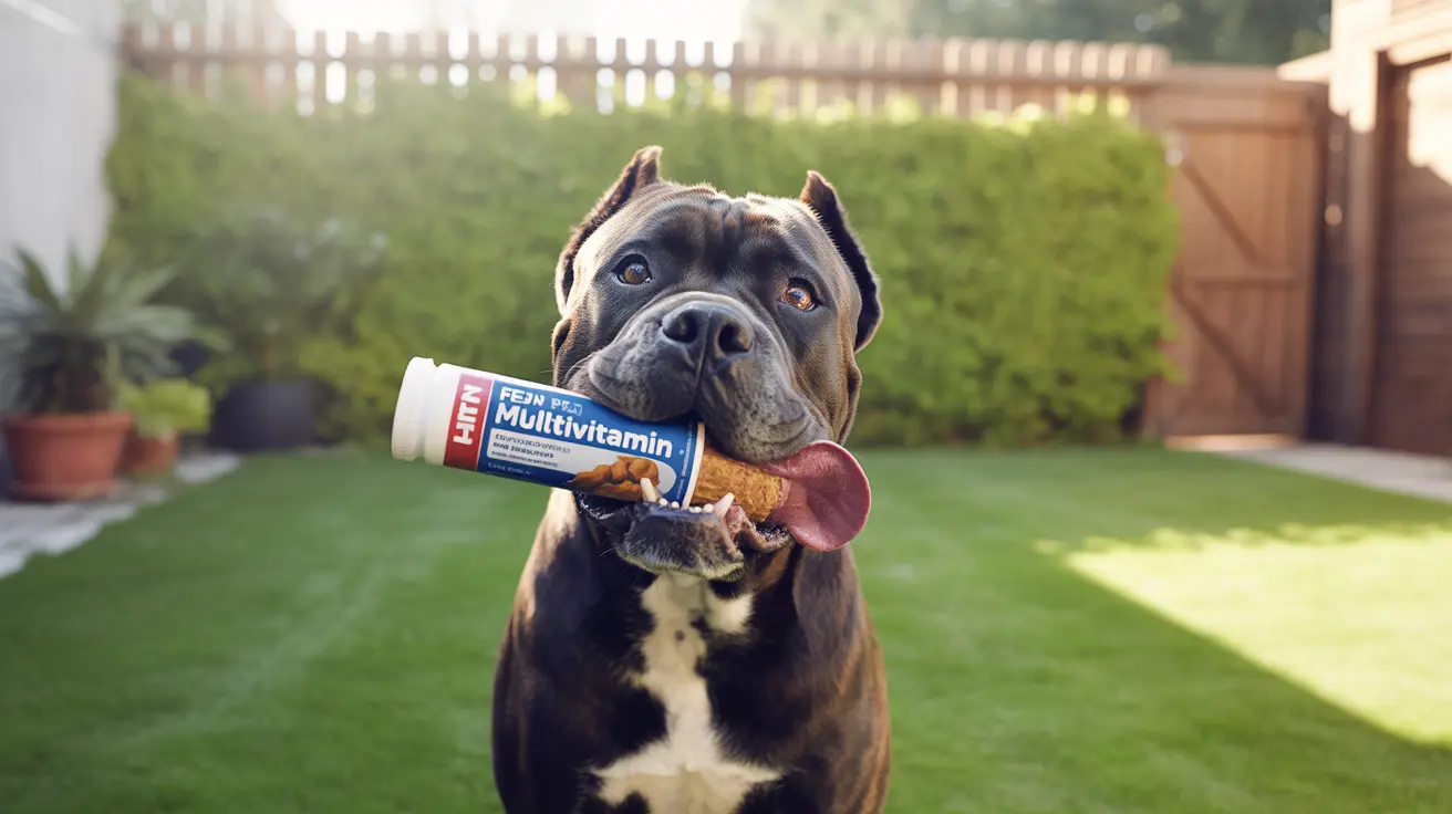 Cane Corso holding a multivitamin bottle in its mouth in a backyard