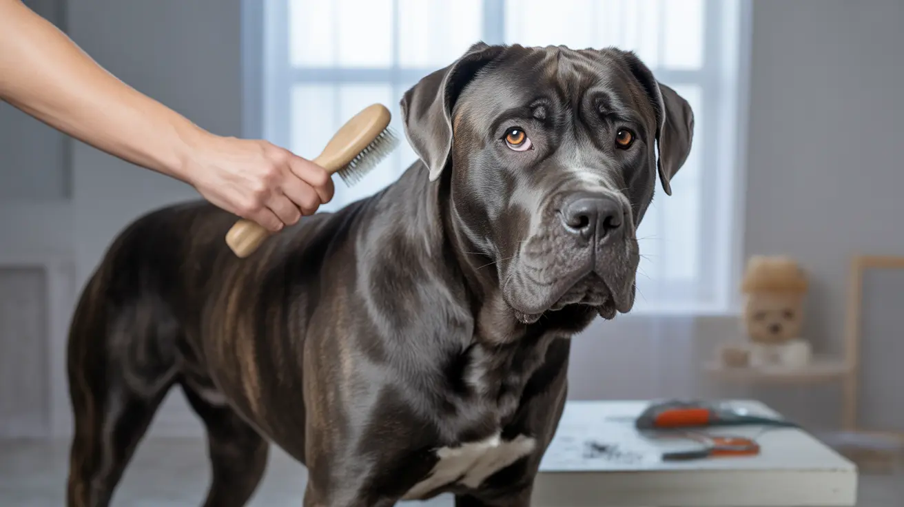 A gray and black Cane Corso being groomed with a brush inside a home setting