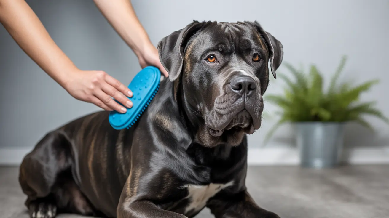 A large black Cane Corso being brushed with a blue grooming brush indoors.